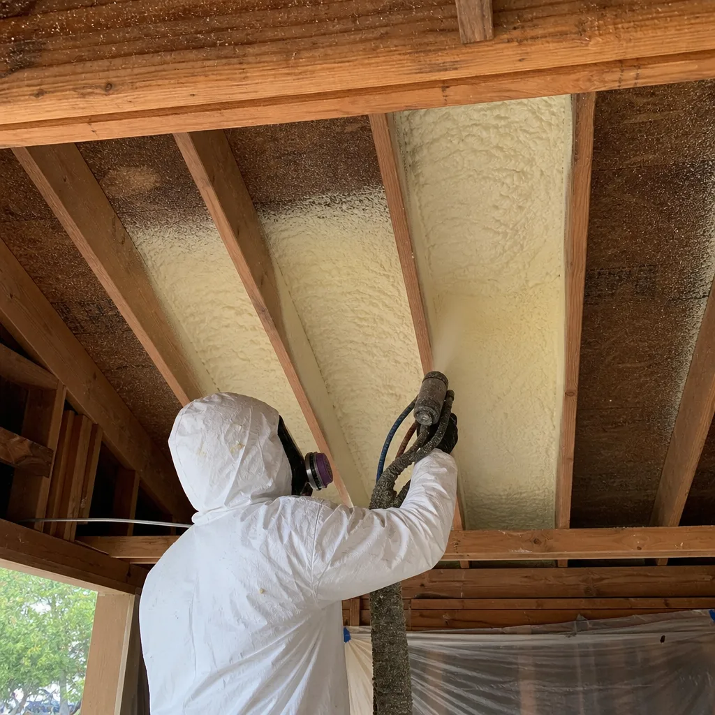 Contractor applying professional spray foam insulation to a wooden ceiling