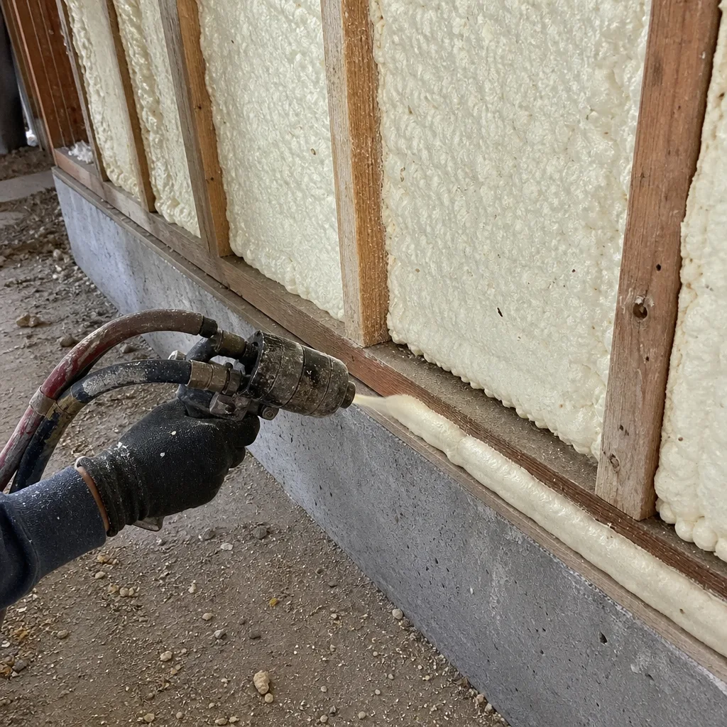 Professional applying spray foam insulation to residential wall framing
